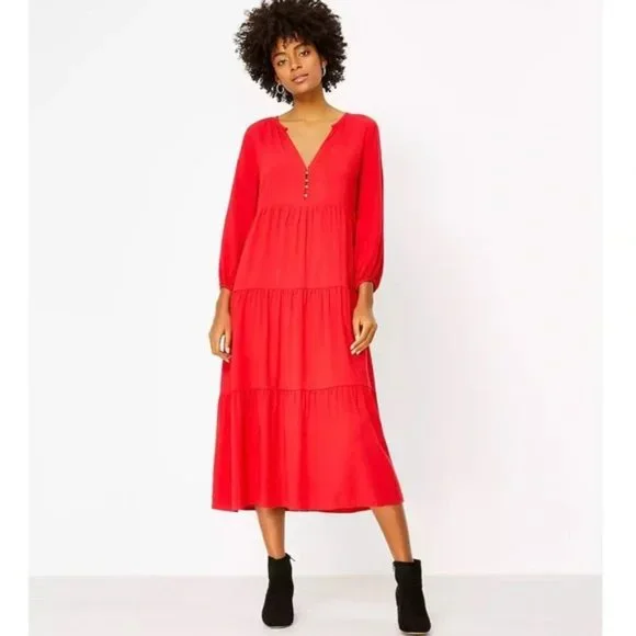 red loft dress NEW Tied Bow Machine Washable Loft Poplin Bustier Midi Pocket Dress Size 4 Ladybug Womens by Loft Size Regular LOFT Tiered Midi Swing Dress